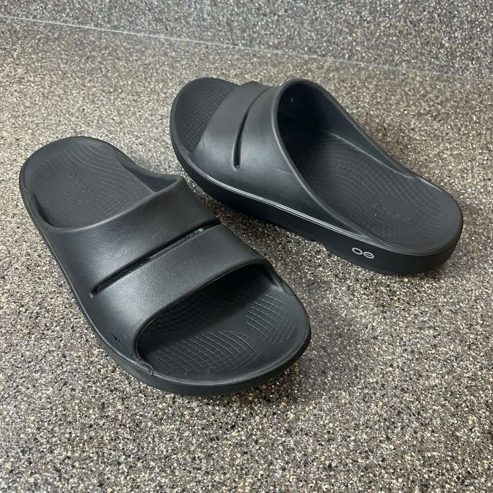 OOFOS Summer Rubber Sandals Mens Sz 9 All Black Comfort Slides Slip On Womens 12